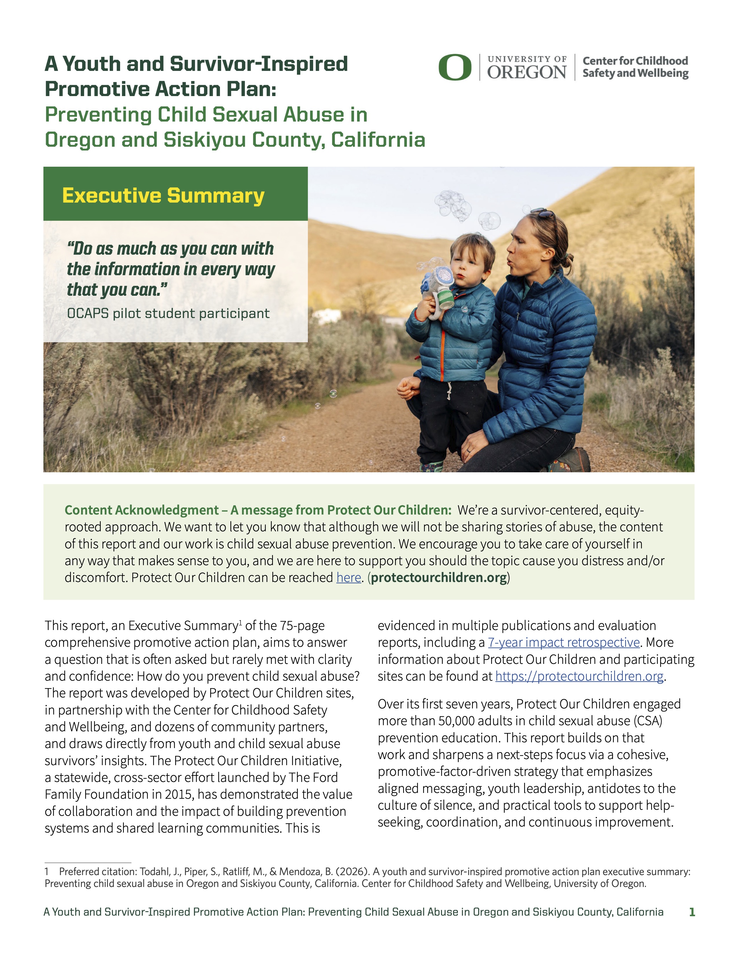 Cover of the Youth and Survivor-Inspired Promotive Action Plan summary